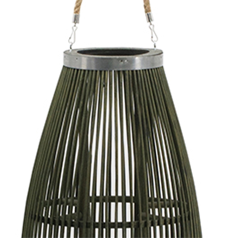 Prish Tall Lantern- Glass Insert- 33 Inch Green Bamboo Frame- Hemp Rope