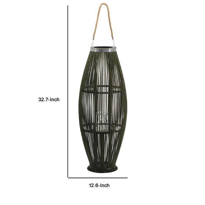 Prish Tall Lantern- Glass Insert- 33 Inch Green Bamboo Frame- Hemp Rope