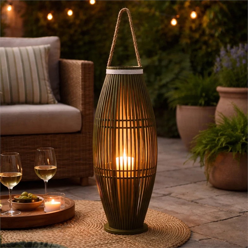 Prish Tall Lantern- Glass Insert- 33 Inch Green Bamboo Frame- Hemp Rope