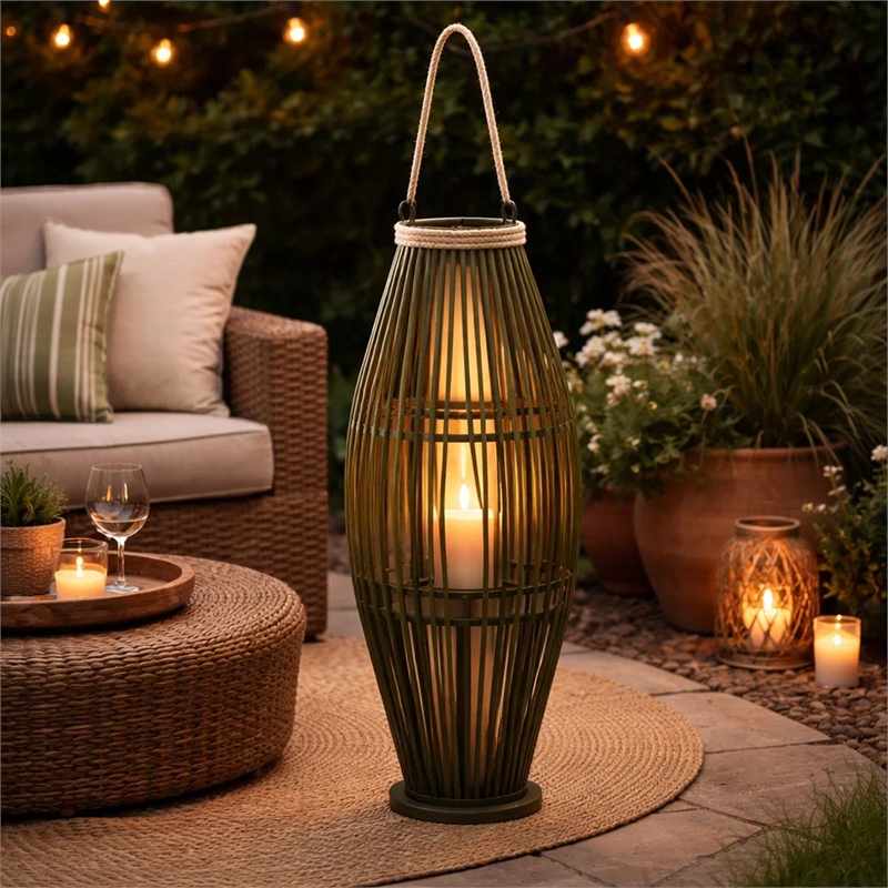 Prish Tall Lantern- Glass Insert- 33 Inch Green Bamboo Frame- Hemp Rope