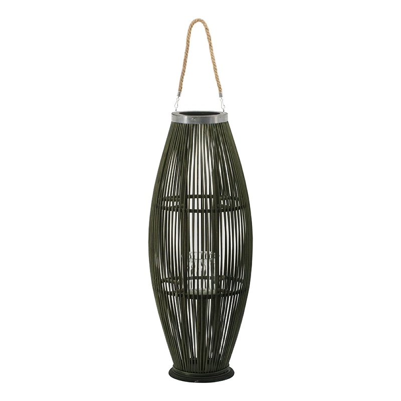 Prish Tall Lantern- Glass Insert- 33 Inch Green Bamboo Frame- Hemp Rope
