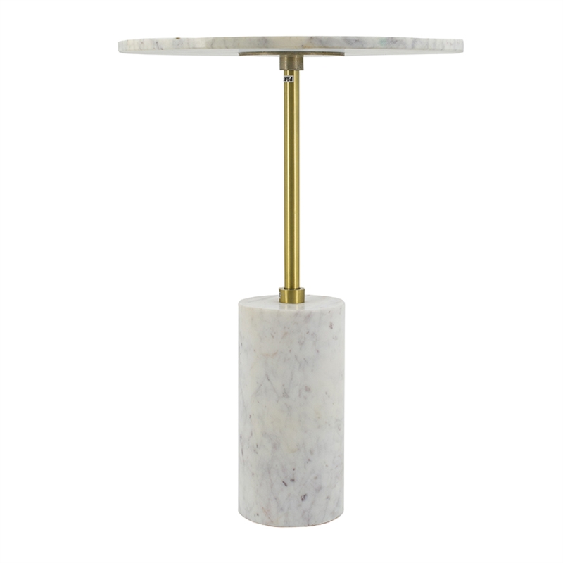 Gony Side End Table- 16 Inch Round- Brass Inlay- White Marble Pedestal