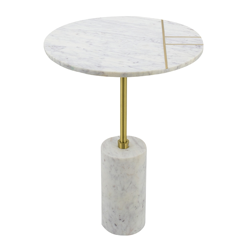 Gony Side End Table- 16 Inch Round- Brass Inlay- White Marble Pedestal