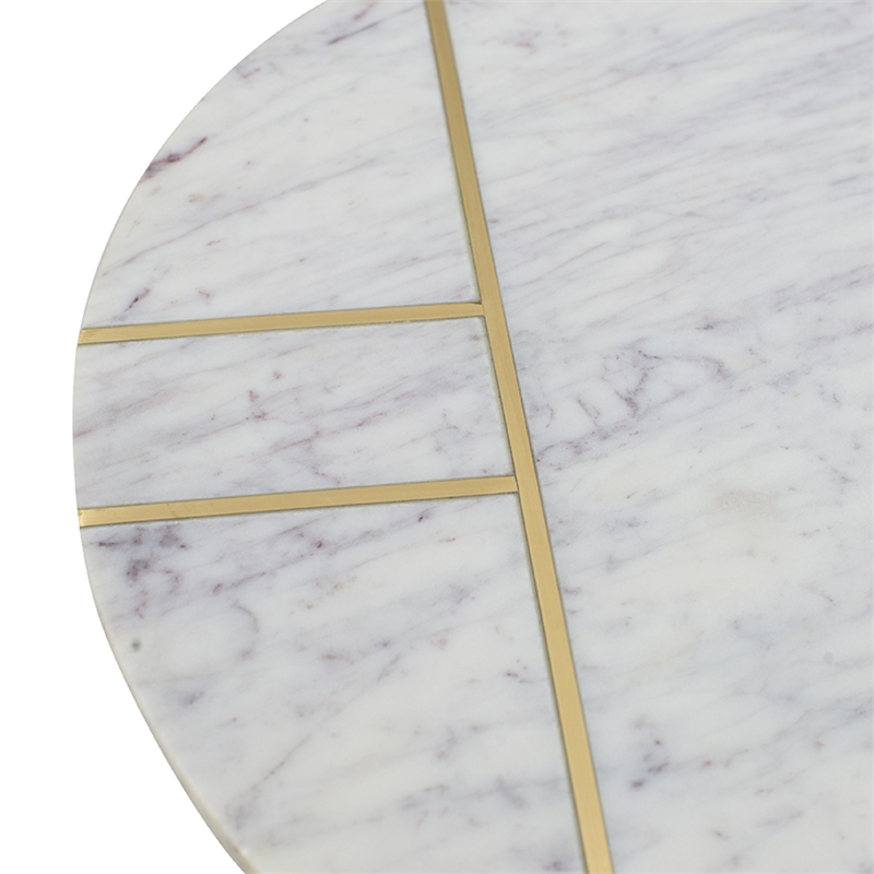 Gony Side End Table- 16 Inch Round- Brass Inlay- White Marble Pedestal
