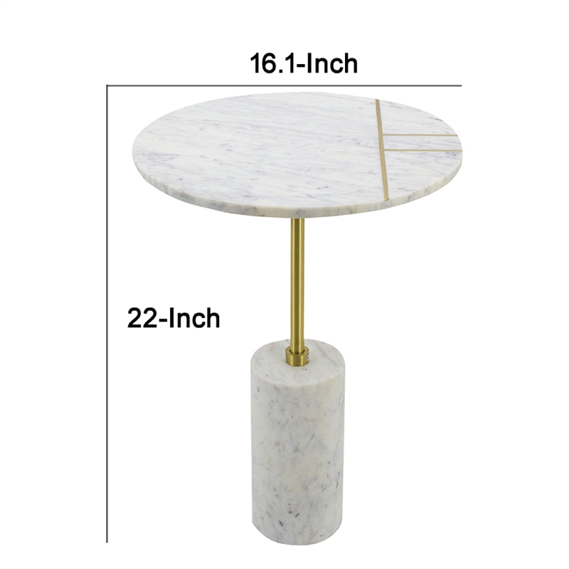 Gony Side End Table- 16 Inch Round- Brass Inlay- White Marble Pedestal