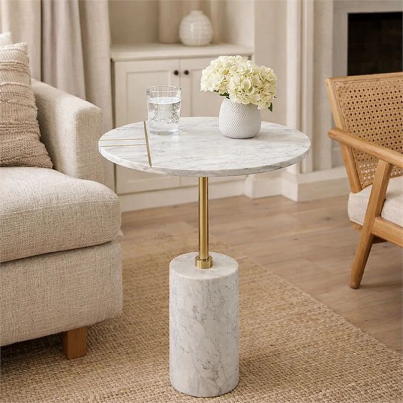 Gony Side End Table- 16 Inch Round- Brass Inlay- White Marble Pedestal
