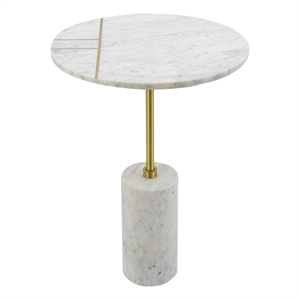Gony Side End Table- 16 Inch Round- Brass Inlay- White Marble Pedestal