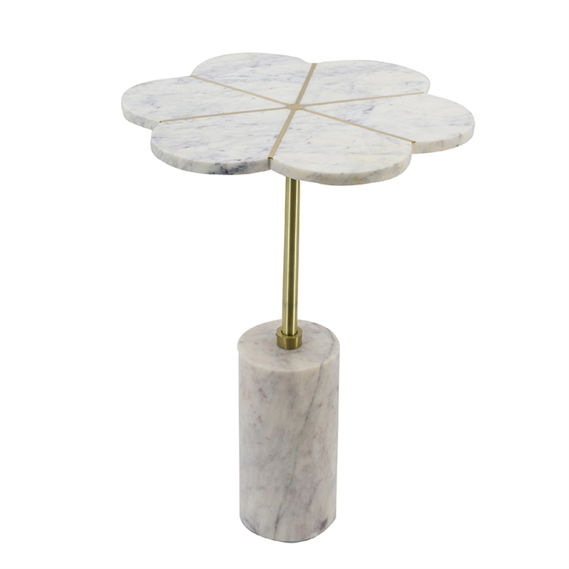 Gony Side End Table- 16 Inch Flower Top- Brass Inlay- White Marble