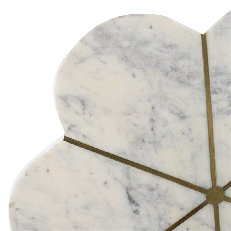 Gony Side End Table- 16 Inch Flower Top- Brass Inlay- White Marble