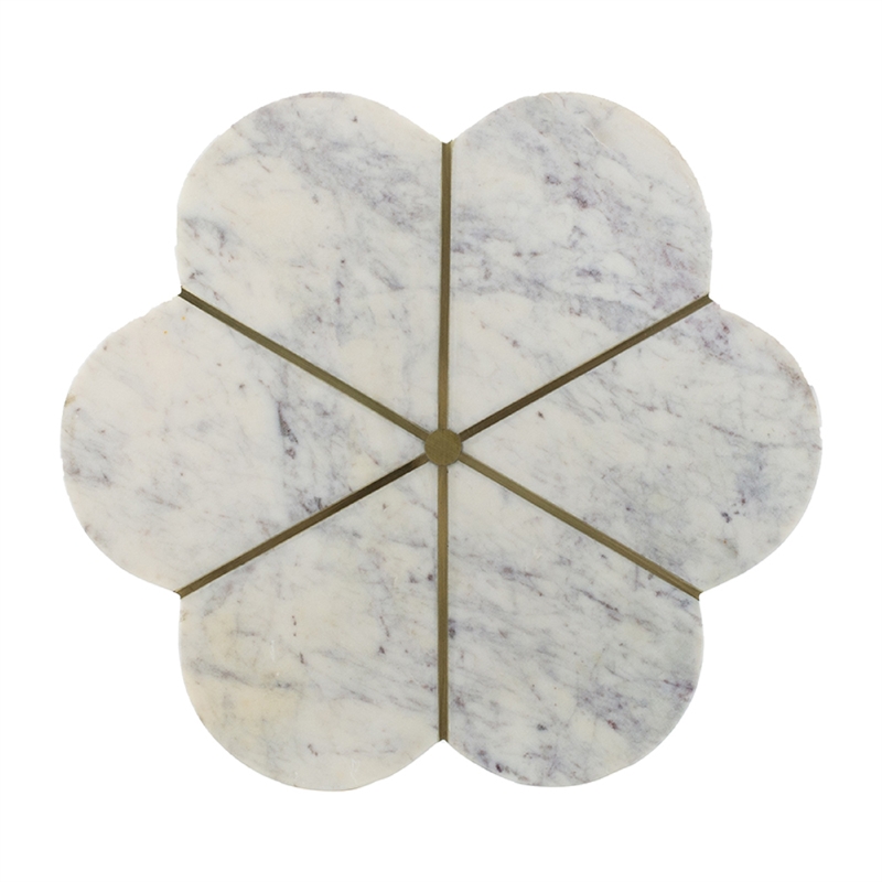 Gony Side End Table- 16 Inch Flower Top- Brass Inlay- White Marble