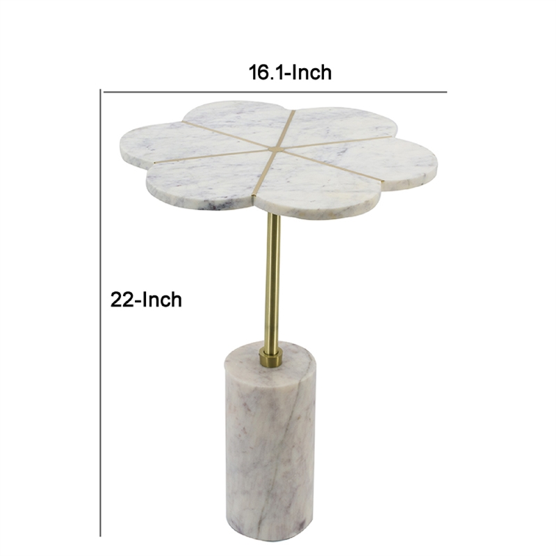 Gony Side End Table- 16 Inch Flower Top- Brass Inlay- White Marble