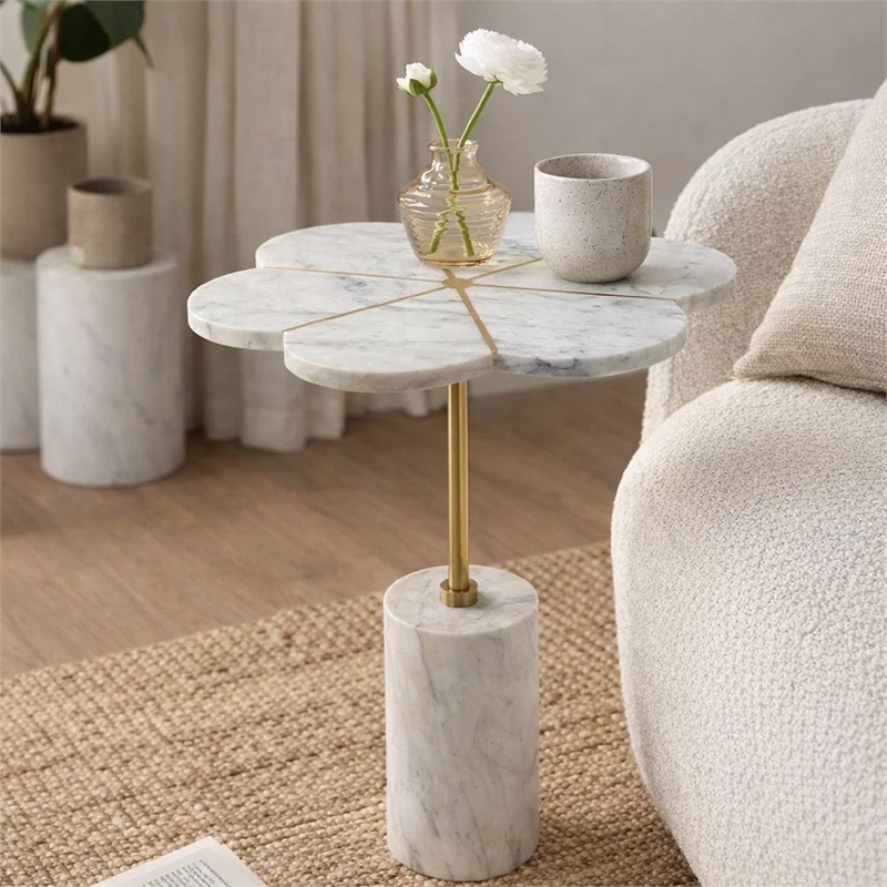 Gony Side End Table- 16 Inch Flower Top- Brass Inlay- White Marble