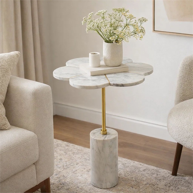 Gony Side End Table- 16 Inch Flower Top- Brass Inlay- White Marble