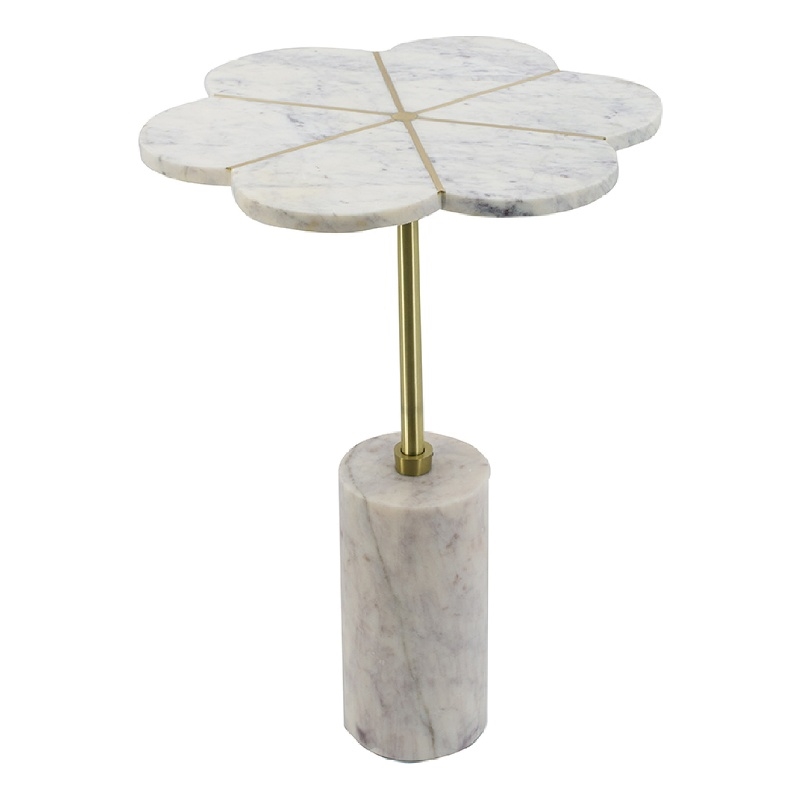 Gony Side End Table- 16 Inch Flower Top- Brass Inlay- White Marble