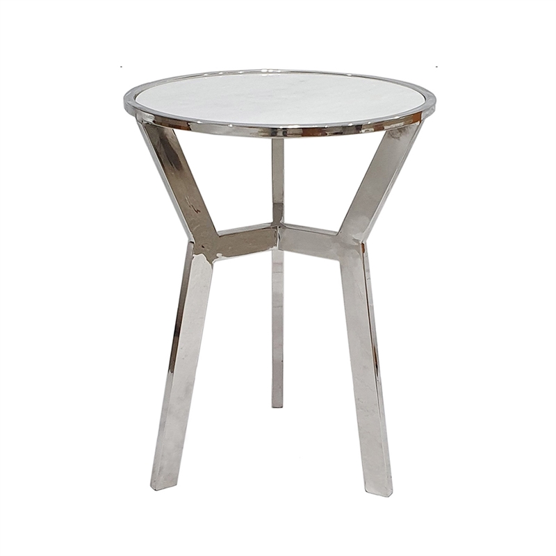 Side End Table- 18 Inch Round White Marble Top- Silver Steel X Base