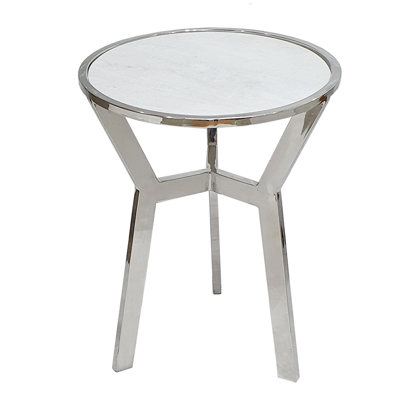 Side End Table- 18 Inch Round White Marble Top- Silver Steel X Base