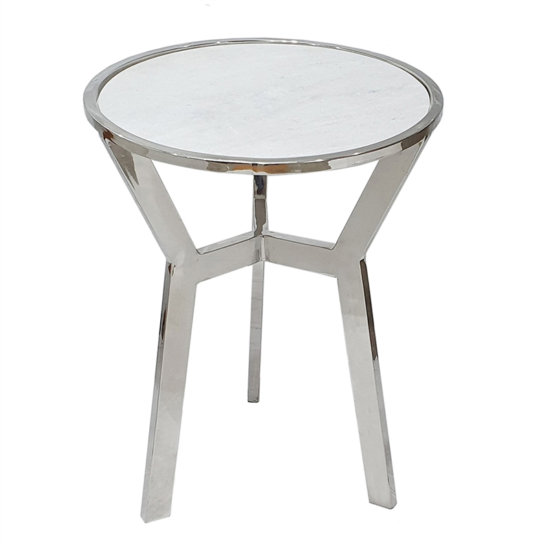 Side End Table- 18 Inch Round White Marble Top- Silver Steel X Base