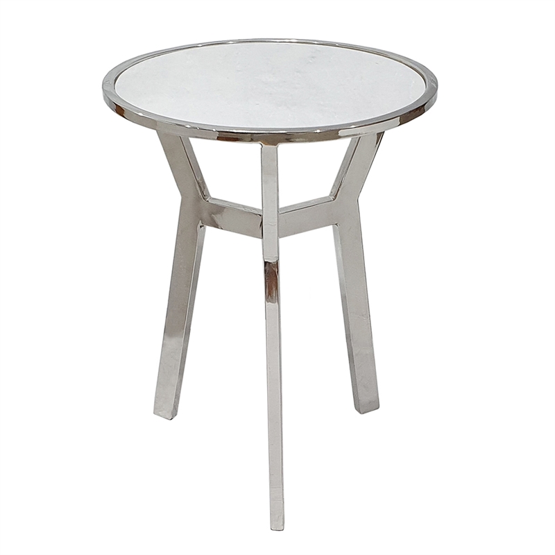 Side End Table- 18 Inch Round White Marble Top- Silver Steel X Base