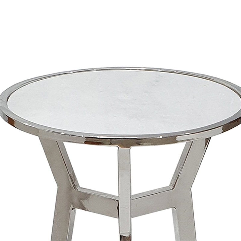 Side End Table- 18 Inch Round White Marble Top- Silver Steel X Base