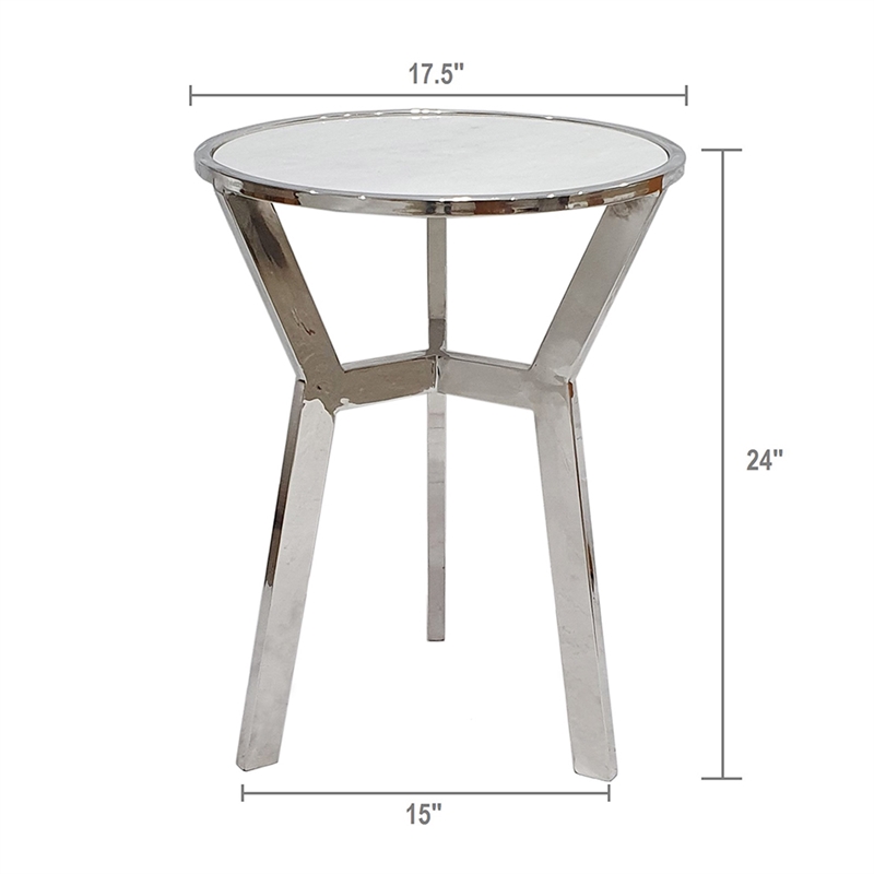 Side End Table- 18 Inch Round White Marble Top- Silver Steel X Base