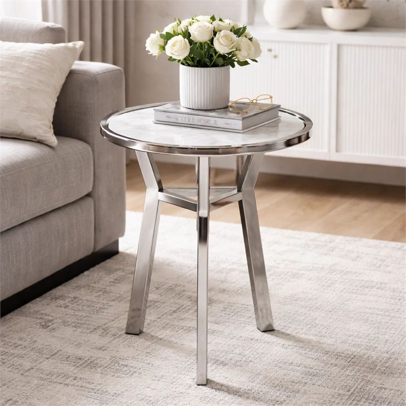 Side End Table- 18 Inch Round White Marble Top- Silver Steel X Base