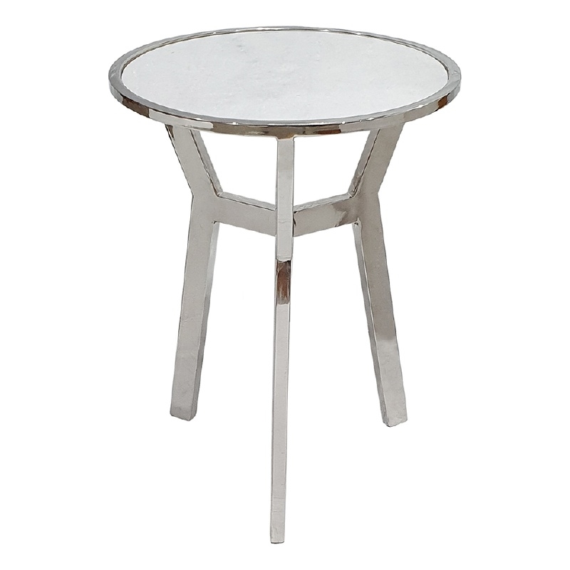 Side End Table- 18 Inch Round White Marble Top- Silver Steel X Base