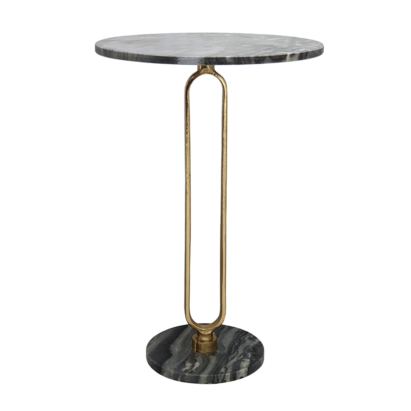Side End Table- 16 Inch Round Marble Top- U-Shaped Gold Metal Stem- Black