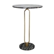 Side End Table- 16 Inch Round Marble Top- U-Shaped Gold Metal Stem- Black
