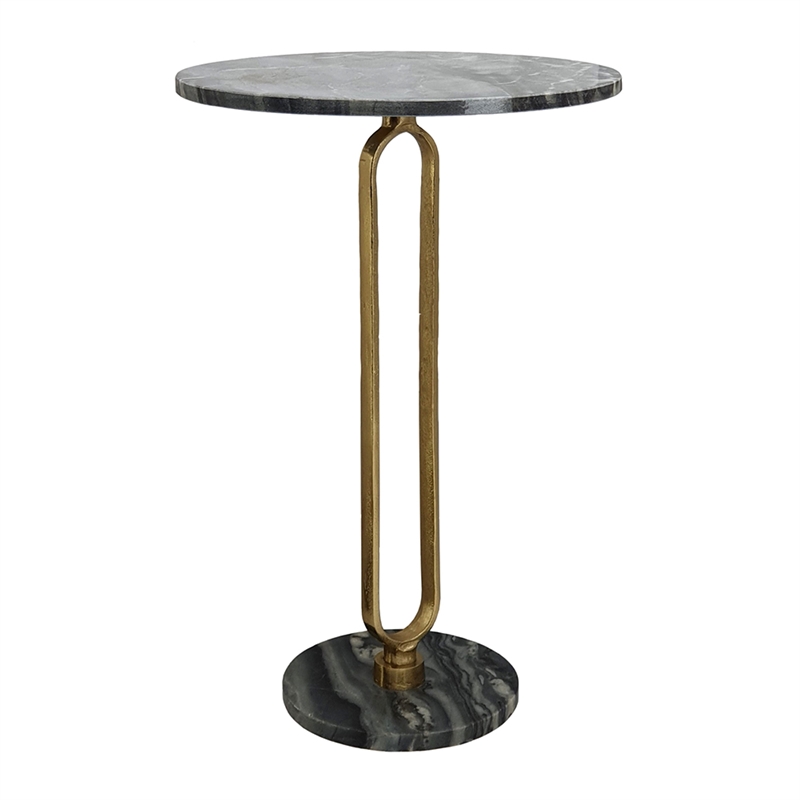 Side End Table- 16 Inch Round Marble Top- U-Shaped Gold Metal Stem- Black