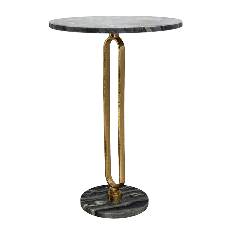 Side End Table- 16 Inch Round Marble Top- U-Shaped Gold Metal Stem- Black