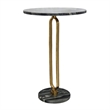 Side End Table- 16 Inch Round Marble Top- U-Shaped Gold Metal Stem- Black