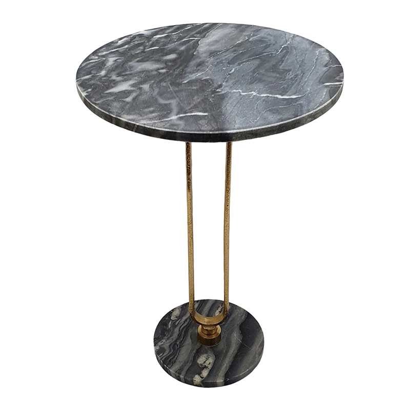 Side End Table- 16 Inch Round Marble Top- U-Shaped Gold Metal Stem- Black