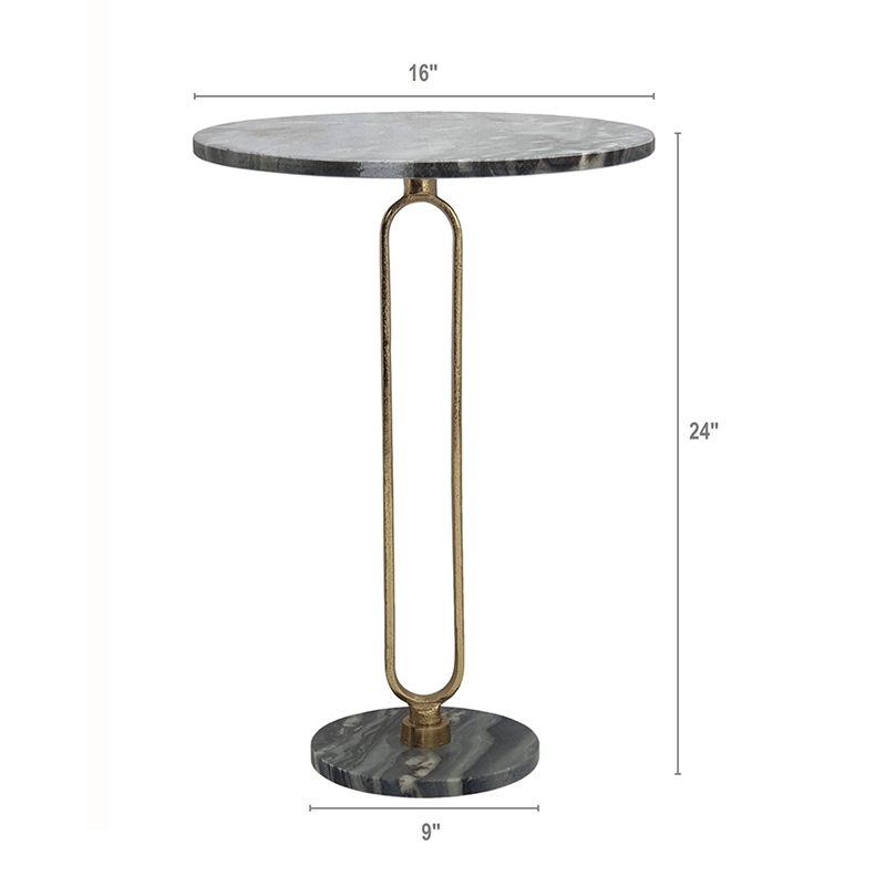 Side End Table- 16 Inch Round Marble Top- U-Shaped Gold Metal Stem- Black