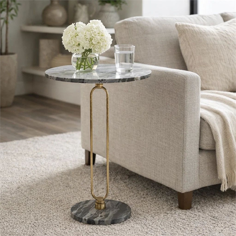 Side End Table- 16 Inch Round Marble Top- U-Shaped Gold Metal Stem- Black