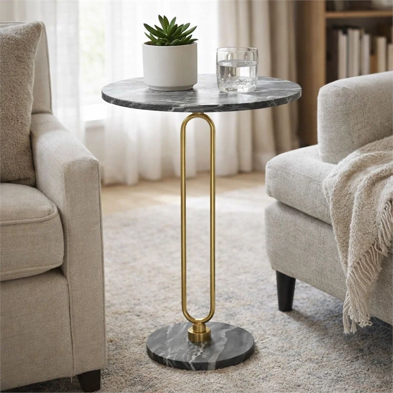 Side End Table- 16 Inch Round Marble Top- U-Shaped Gold Metal Stem- Black