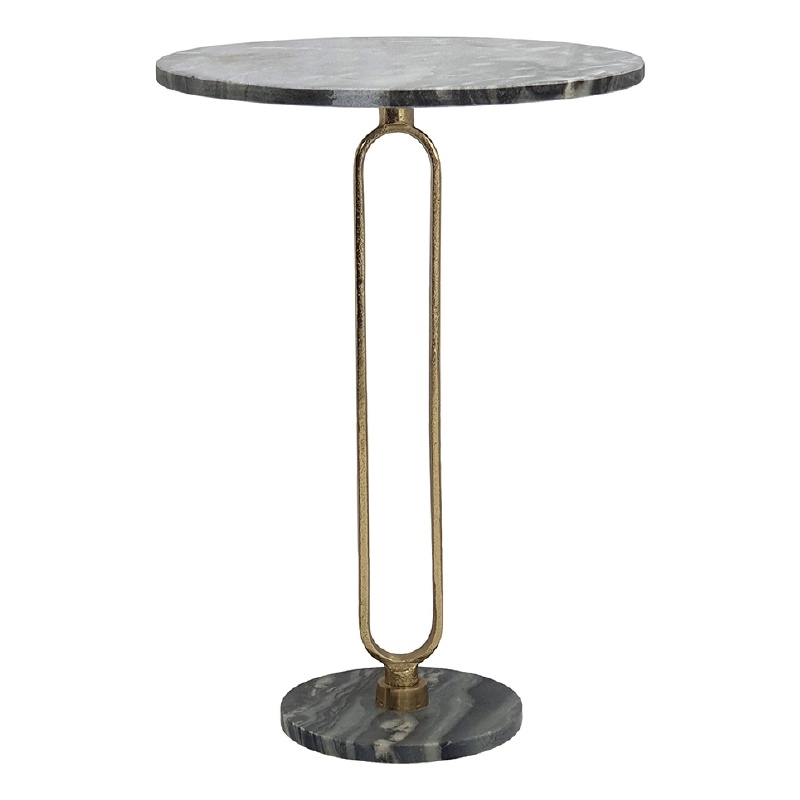 Side End Table- 16 Inch Round Marble Top- U-Shaped Gold Metal Stem- Black