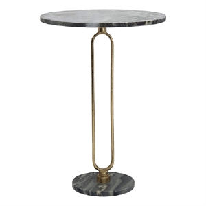 Side End Table- 16 Inch Round Marble Top- U-Shaped Gold Metal Stem- Black