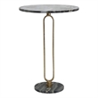 Side End Table- 16 Inch Round Marble Top- U-Shaped Gold Metal Stem- Black