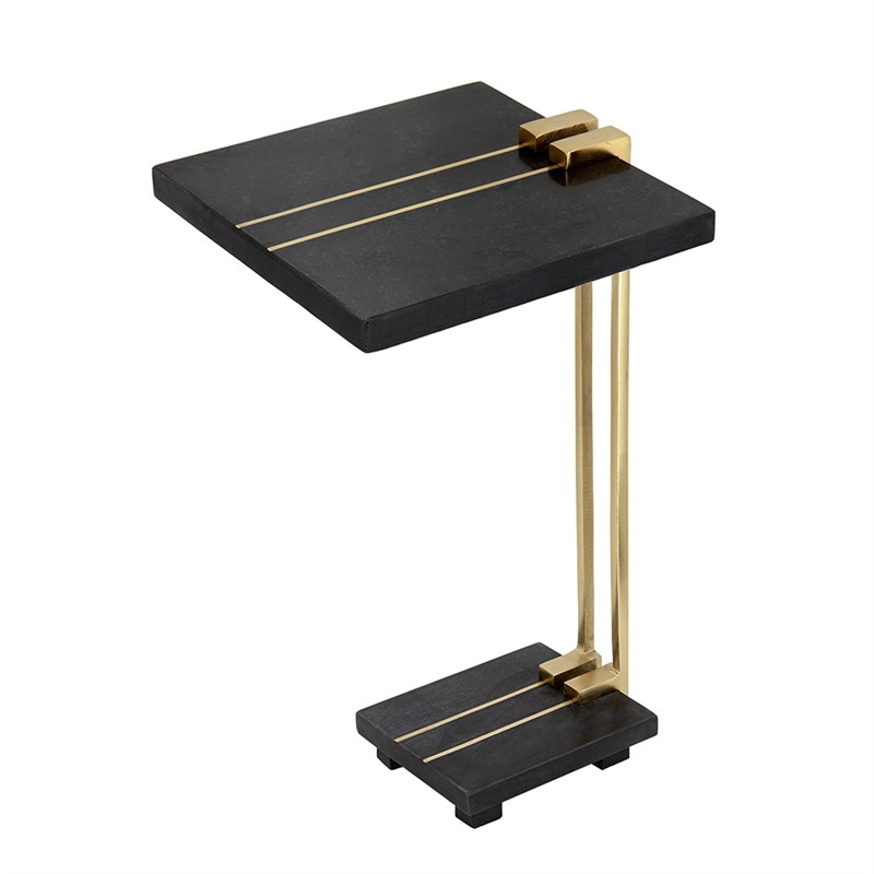 Dani Side End Table- 13 Inch Square Top- C Shape- Black Marble- Gold