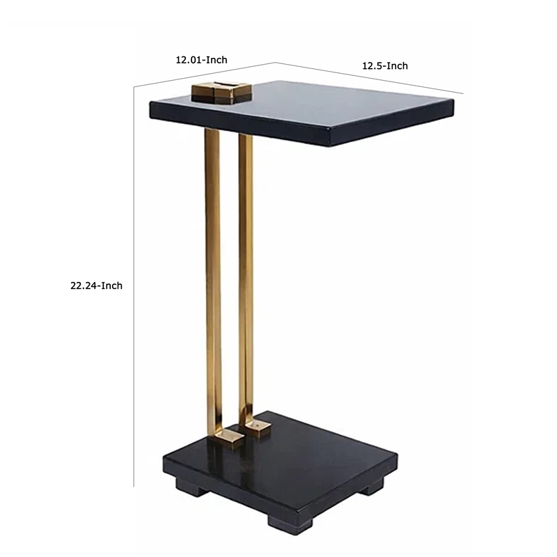 Dani Side End Table- Square Black Marble Top and Base- C Shape- 13 Inch
