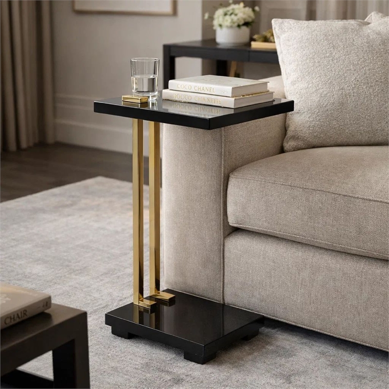 Dani Side End Table- Square Black Marble Top and Base- C Shape- 13 Inch