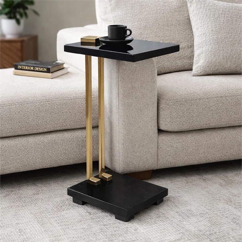 Dani Side End Table- Square Black Marble Top and Base- C Shape- 13 Inch