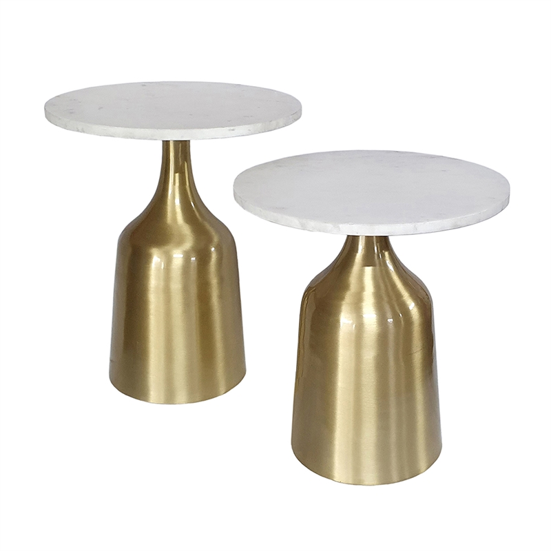 Side End Table Set of 2- Round White Marble Top- Bell-Shaped Gold Base