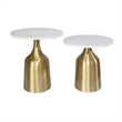 Side End Table Set of 2- Round White Marble Top- Bell-Shaped Gold Base