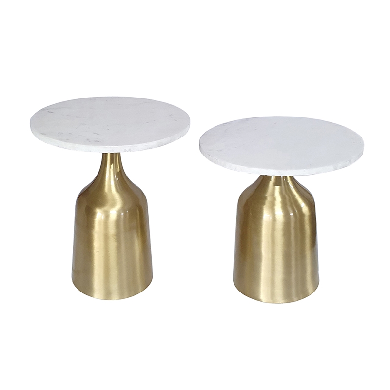 Side End Table Set of 2- Round White Marble Top- Bell-Shaped Gold Base