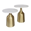 Side End Table Set of 2- Round White Marble Top- Bell-Shaped Gold Base