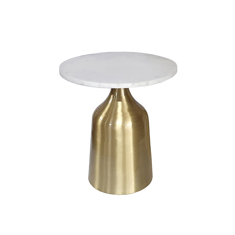 Side End Table Set of 2- Round White Marble Top- Bell-Shaped Gold Base