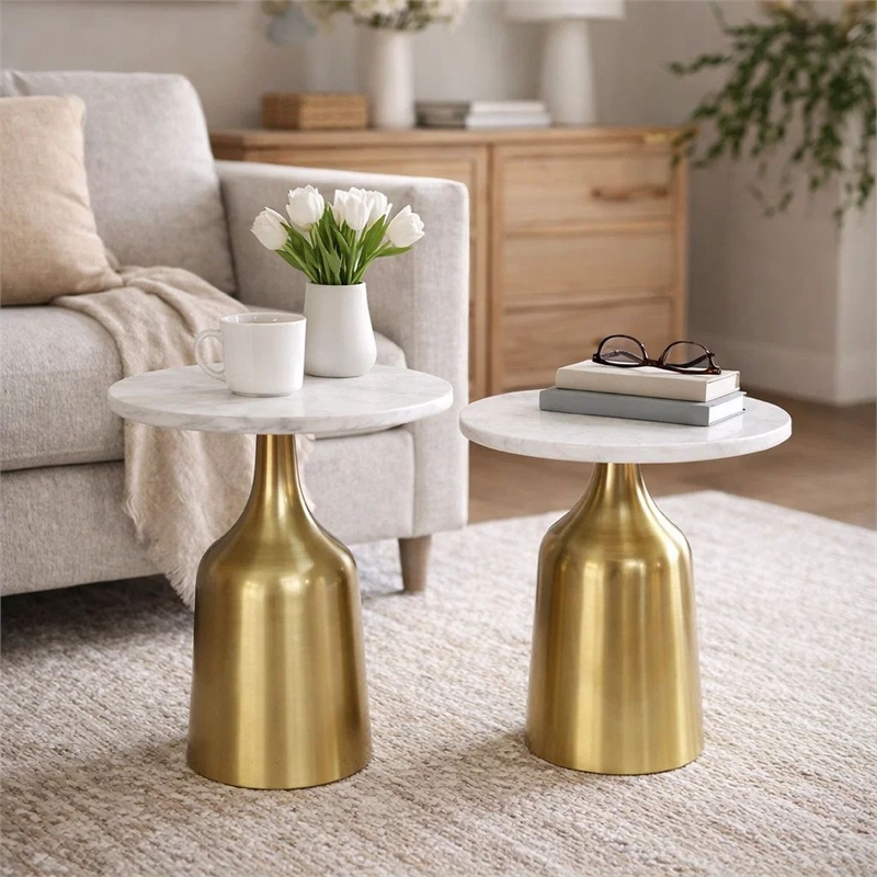 Side End Table Set of 2- Round White Marble Top- Bell-Shaped Gold Base