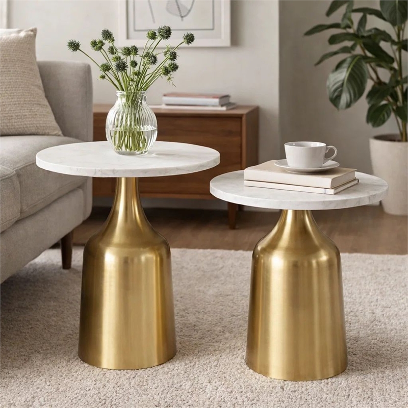 Side End Table Set of 2- Round White Marble Top- Bell-Shaped Gold Base