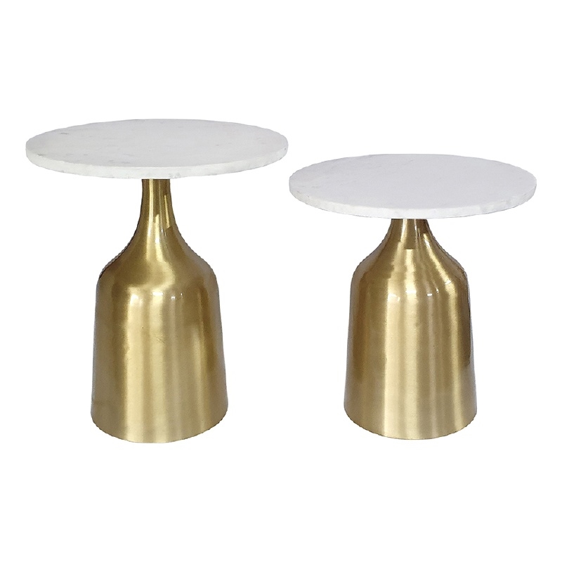 Side End Table Set of 2- Round White Marble Top- Bell-Shaped Gold Base